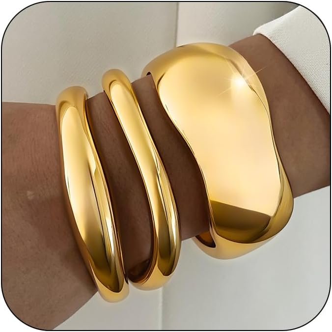 3Pcs Chunky Gold Bangles Bracelets for Women, Spring Hinged Big Stackable Bangles Set, Trendy Cuff Bracelet Stack Fashion Jewelry Gifts