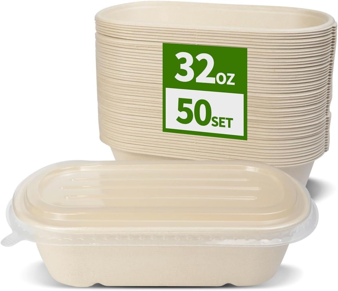 50 Pack 32 oz Paper Meal Prep Containers Disposable Food Conatiners with Lids, Deep Large Meal Prep and Take Out Food Containers for Salads, Lunch (50 Bowls 50 Lids)