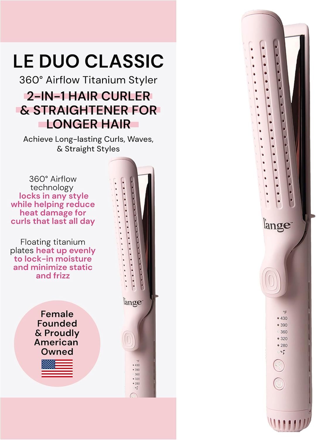 L’ANGE HAIR Le Duo Grande 360° Airflow Styler | 2-in-1 Curling Wand & Titanium Flat Iron Professional Hair Straightener and Curler with Cooling Air Vents to Lock in Style (Blush)