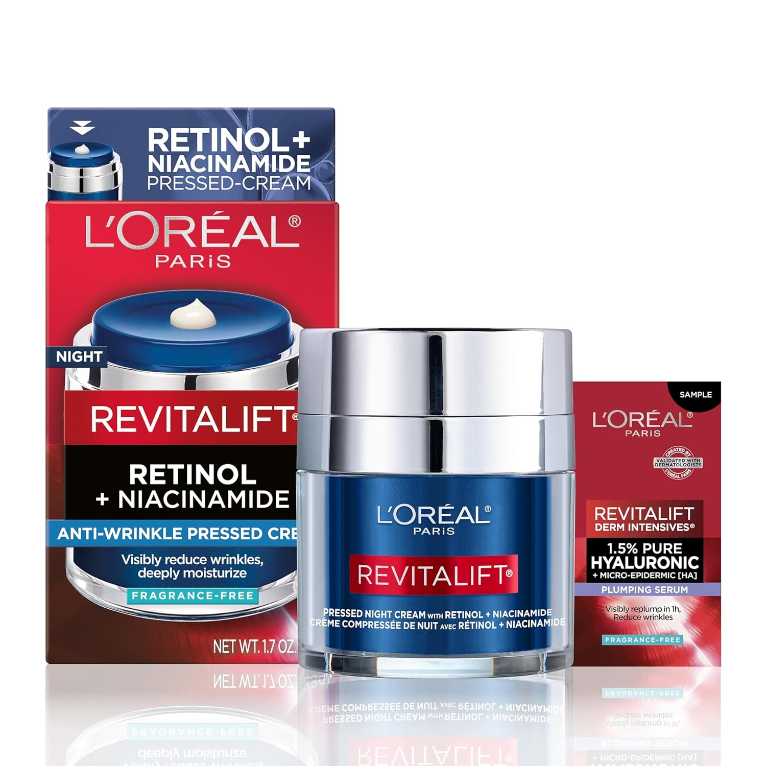 L’Oreal Paris Revitalift Pressed Night Cream, Retinol + Niacinamide, Reduces Wrinkles, Fragrance Free, 1.7 oz + Serum Sample