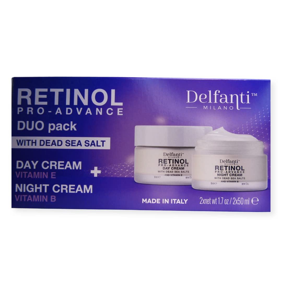 Delfanti-Milano • RETINOL PRO-ADVANCE • Anti-Aging DUO pack • Day + Night Creams • Face and Neck Moisturizers with Dead Sea Minerals and Vitamins E and B • Made in Italy