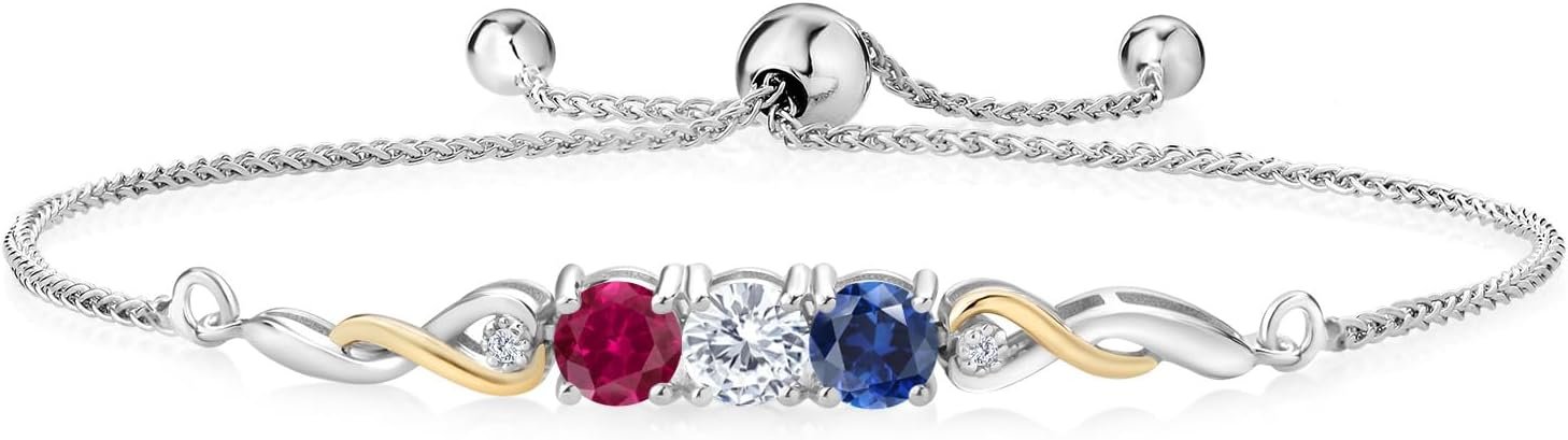 Gem Stone King Customized and Personalized 3-Stone Adjustable Bolo Bracelet for Women | 925 Sterling Silver and 10K Yellow Gold | Gemstone Birthstones and Lab Grown Diamond | Easy-On Easy-Off