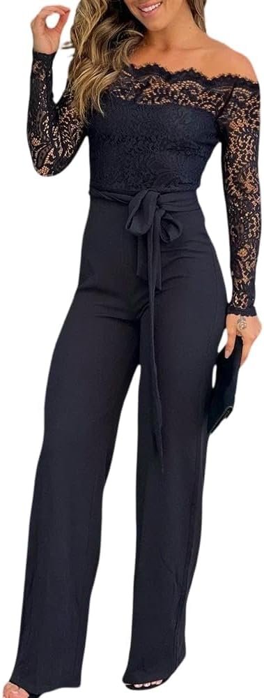 CHICME Womens Dressy Jumpsuits Casual One Piece Outfits Off Shoulder Lace Trim Overalls Straight Leg Pants