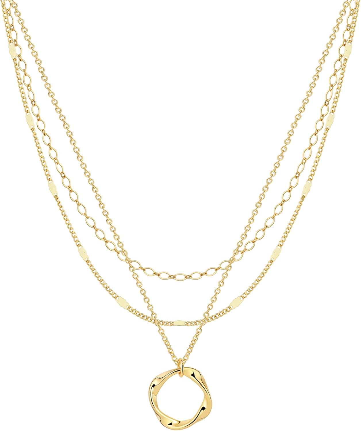 Gold Layered Necklace for Women, Stackable 14k Gold Plated Choker Necklaces Trendy Dainty Layering Circle Pendant Chain Necklace Set Stack Fashion Jewelry