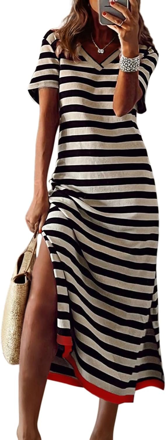 Dokotoo Summer Dress Casual Womens Fashion Short Sleeve Maxi Dress T Shirt Dress Striped Long Color Block Maxi Dress