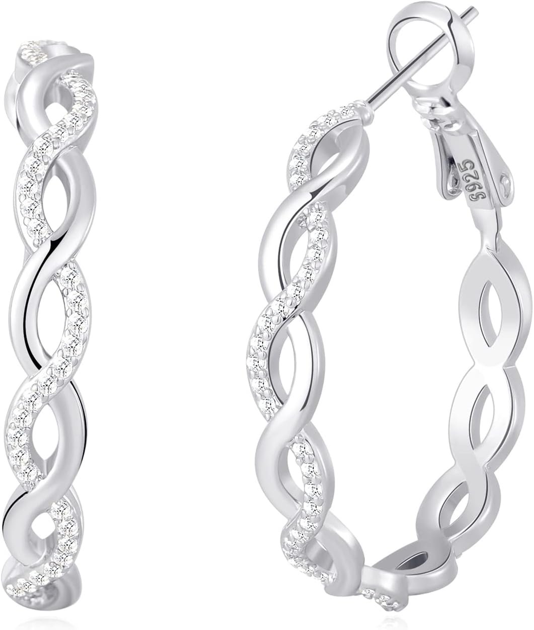 Senteria 925 Sterling Silver Earrings Hoops for Women Lightweight Twisted Hoop Earrings With Cubic Zirconia Hypoallergenic Hoops Earrings (20/30/40/50/60MM)
