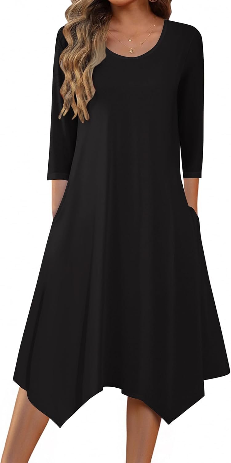 Zeagoo Womens Midi Dresses 3/4 Sleeve Casual Dresses with Pockets 2025 Winter Dress A Line Loose Swing Tshirt Dress