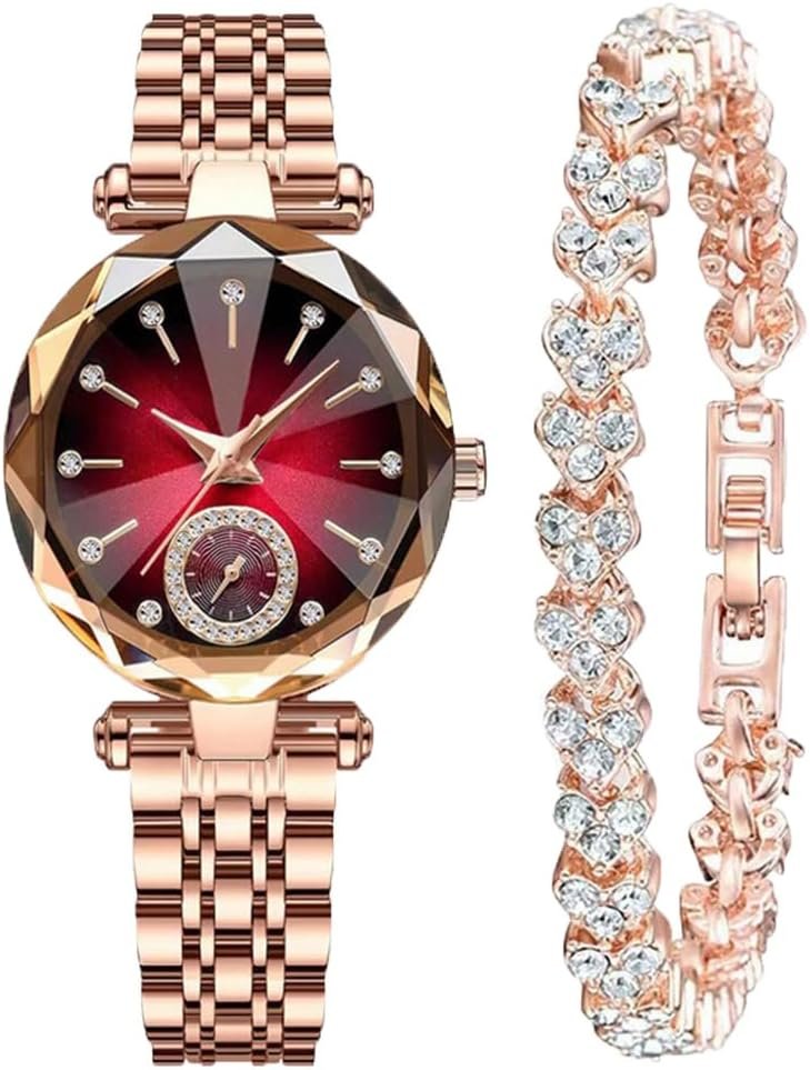 Women Watches with Bracelet Rose Gold for Lady Elegant Stainless Steel Strap Fashion Analog Creative Diamond Dial Wrist Watch