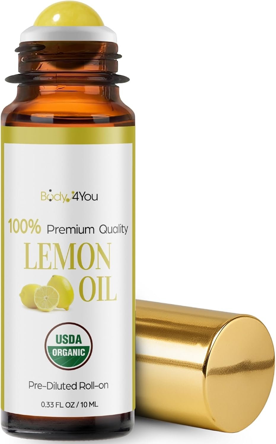 BodyJ4You Lemon Essential Oil Roll On – Pure 100% USDA Organic MCT Coconut Oil – Natural Yellow Jade Stone Roller – Uplift Aroma Wrist Neck Cuticle Breathwork – Amber Glass Bottle Rollerball (10ml)