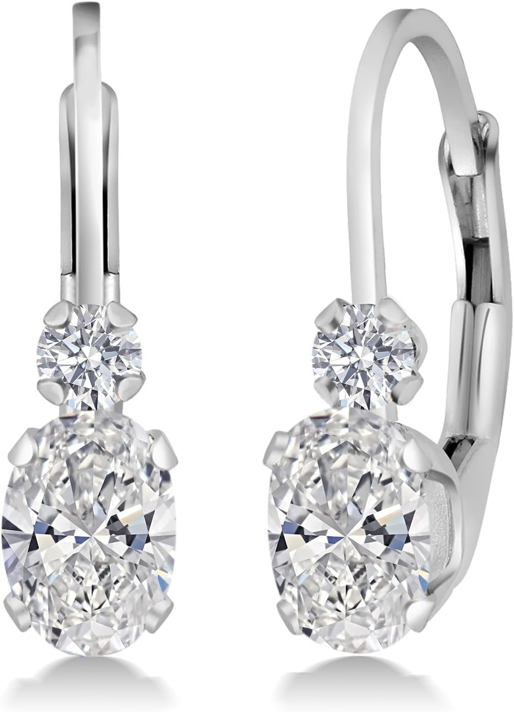 Gem Stone King 14K Gold White Lab Grown Diamond Leverback Earrings For Women | 0.86 Cttw | Oval 6X4MM and Round 2MM | DEF Color | VVS-VS Clarity | 3/4 Inch