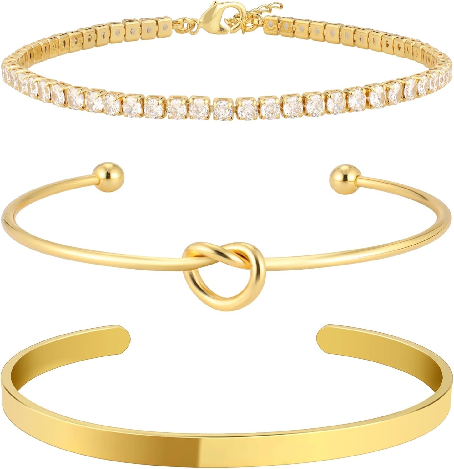 Christmas Stocking Stuffers Gold Bangle Cuff Knot Bracelet for Women Stack Non Tarnish Gold Plated Dainty Cubic Zirconia Tennis Bracelets Jewelry Set for Women Trendy