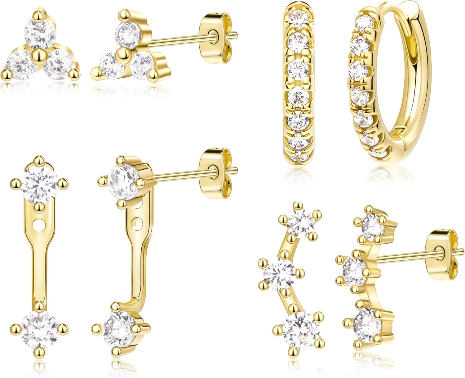 4 Pairs Stud Hoop Earrings Set for Women, Trendy Dangle Jacket Huggie Stacks for Multiple Piercing, Hypoallergenic Cartilage Jewelry Gifts