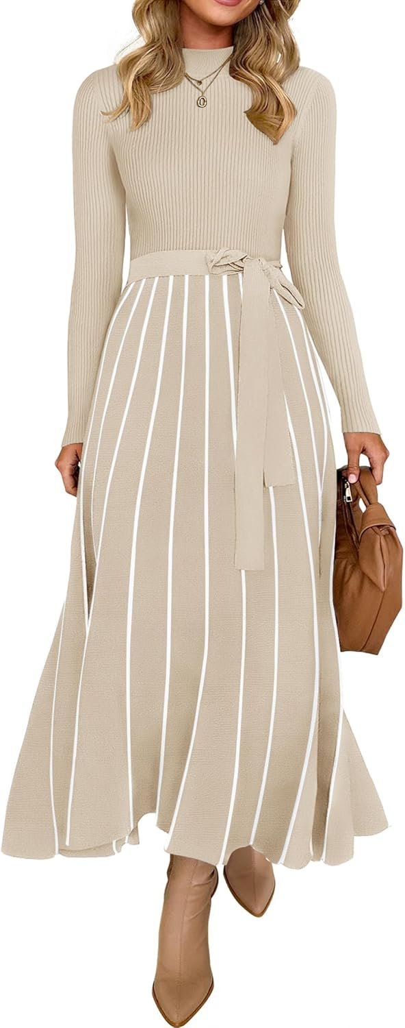 ZESICA Womens 2025 Fall Turtleneck Long Sleeve Sweater Dress Tie Waist Casual Loose Ribbed Knit A Line Midi Dresses