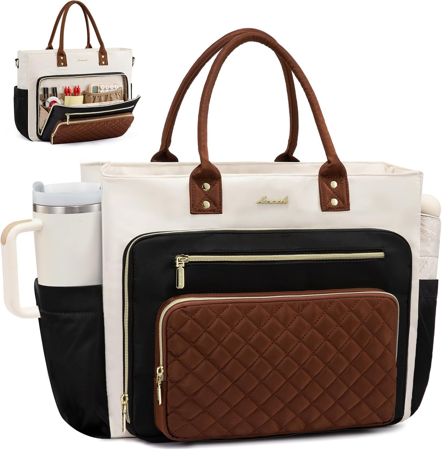 LOVEVOOK Teacher Tote Bag for Women Work, Laptop Bag With Large Cup Holder, Nurse Bags Professional Briefcase Business Computer Purses Handbag, Black-Beige-Brown, 15.6 Inch