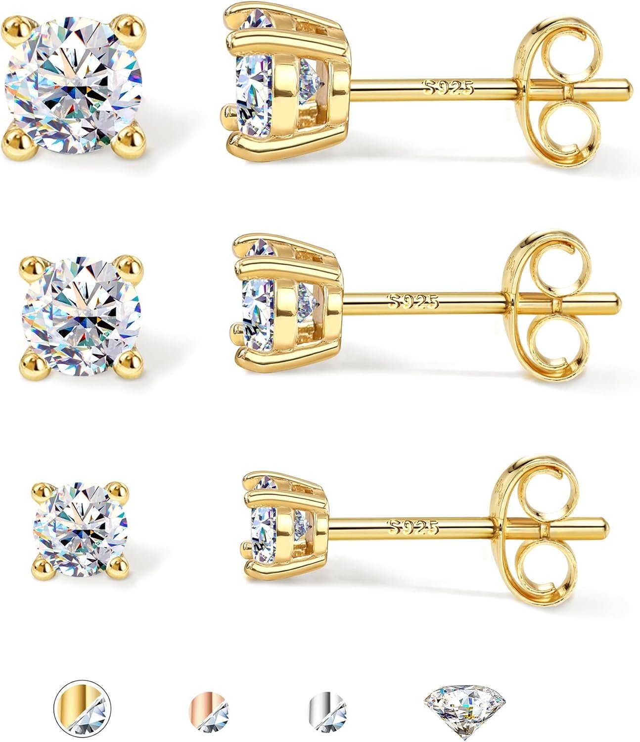 3 Pairs Moissanite Earrings Studs 14K Gold Plated S925 Sterling Silver Flat Back Earring for Women Men – Hypoallergenic Set Cartilage Helix Piercing Jewelry Trendy Thanksgiving Christmas Gifts D Color VVS1 1.8CT