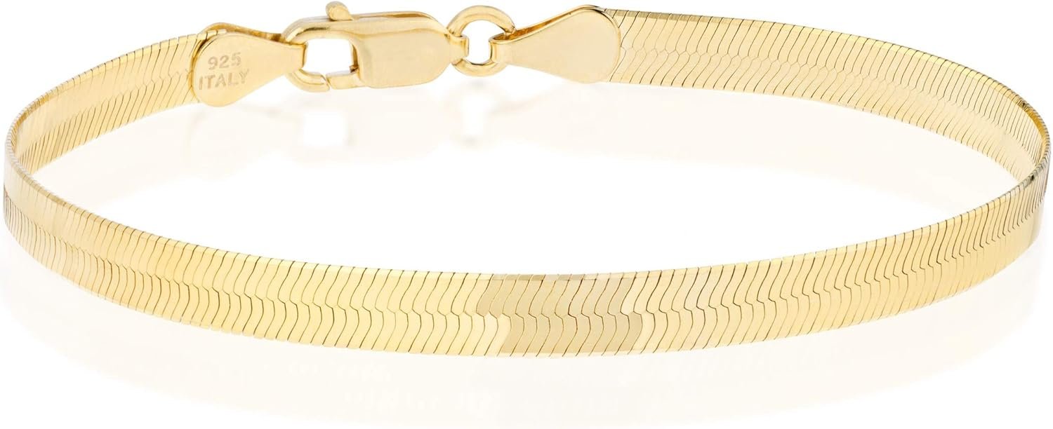 Miabella Italian Solid 925 Sterling Silver, 18K Gold Plated 4.5mm Flexible Flat Herringbone Link Chain Bracelet for Women, Made in Italy