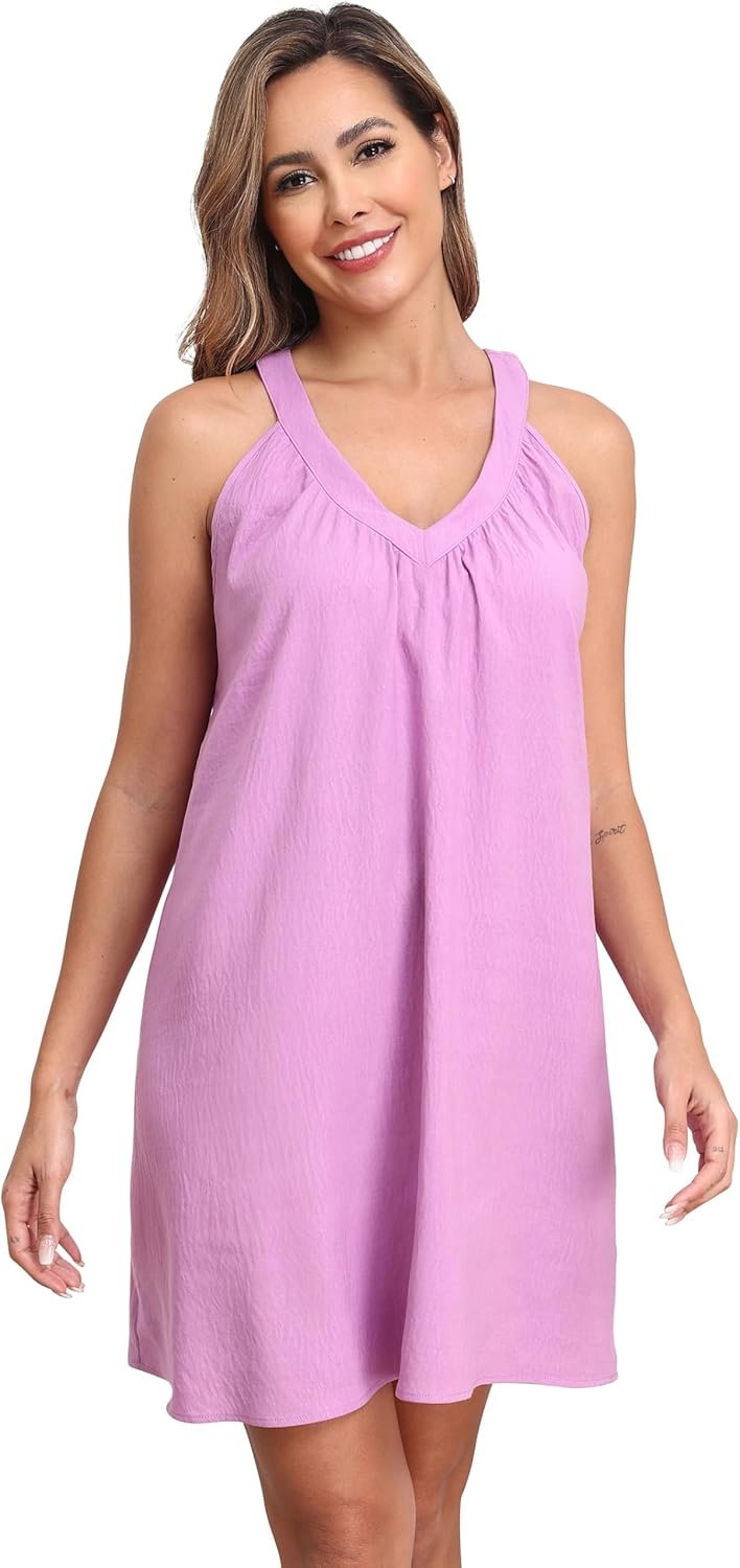 AUHEGN Nightgowns for Women Sleeveless Sleepwear Wide Strp Lightweight Sleep Shirt Pleated V Neck Nightshirts