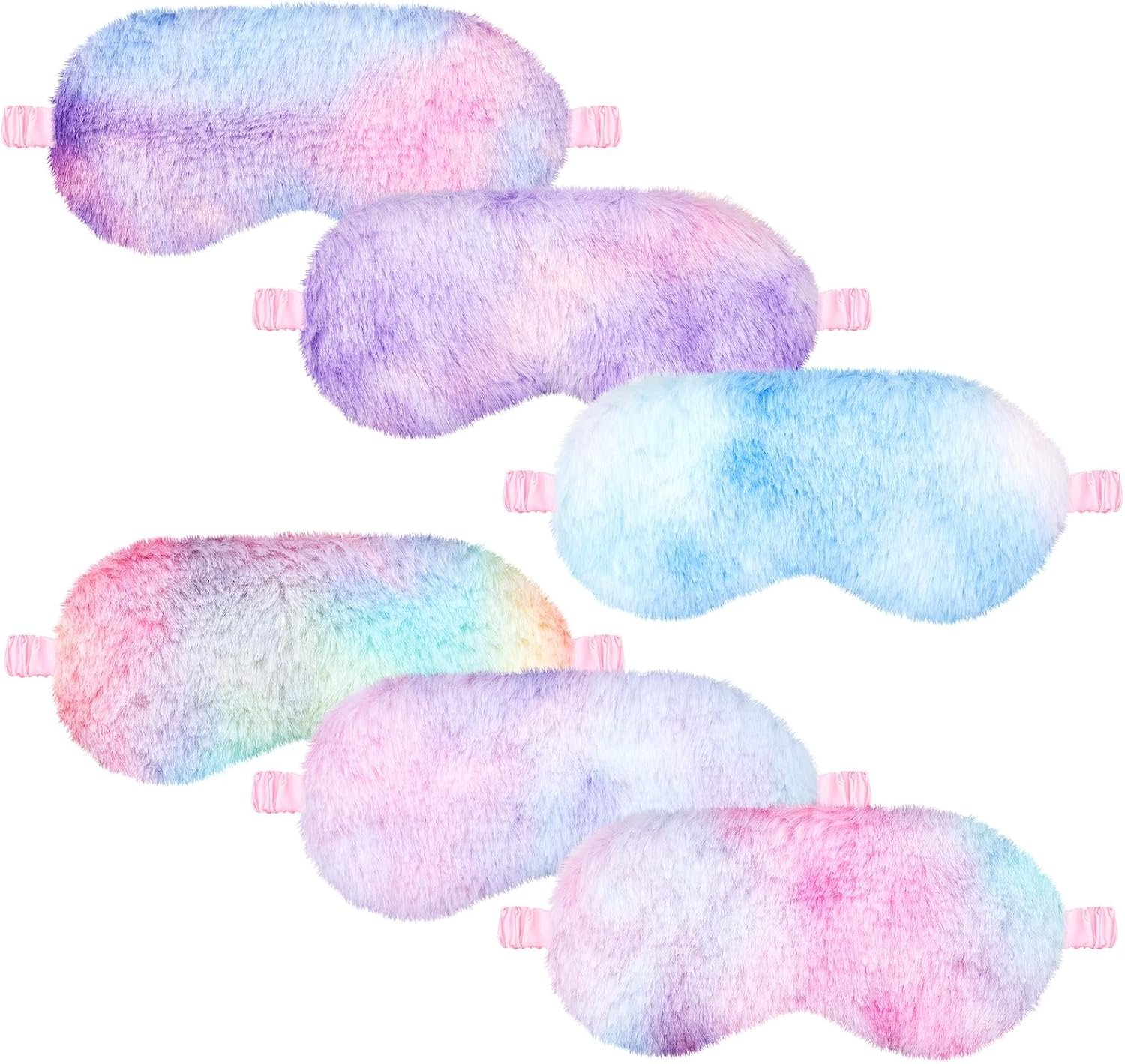 Cuffbow 6 Pcs Plush Sleep Eye Mask Silk Furry Eye Covers for Sleeping Cute Sleep Mask Fluffy Comfortable Sleeping Blindfold for Travel Sleepover Nap Party Supply Girls Women(Tie Dye,Rainbow)