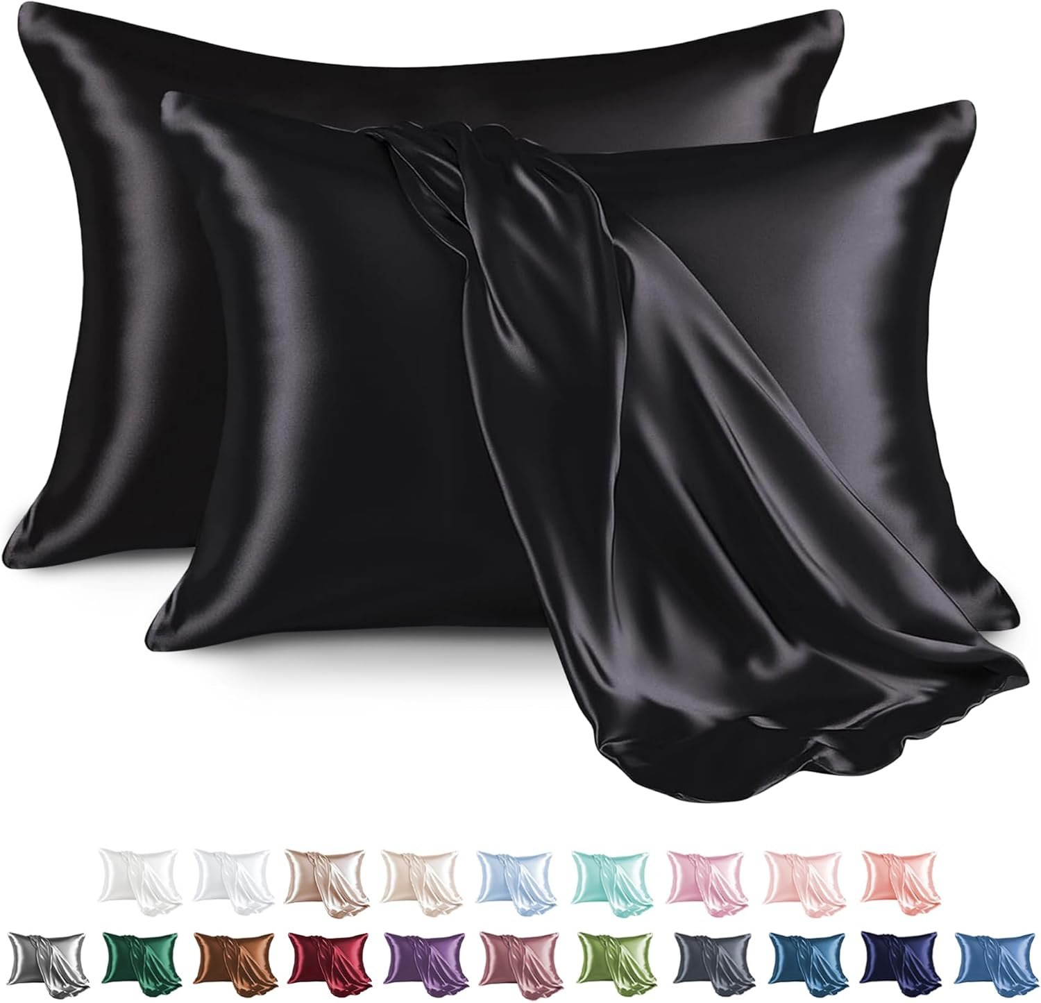 MR&HM Satin Pillowcase for Hair and Skin, Silk Satin Pillowcase 2 Pack, Queen Size Pillow Cases Set of 2, Silky Pillow Cover with Envelope Closure (20×30, Black)