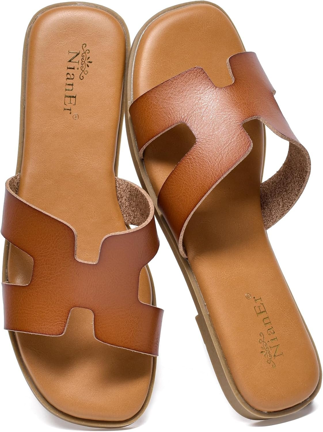 NianEr Womens Microfiber Leather Comfort Foam Support H Sandals Square Toe Dress Dressy Slip On Casual Cute Comfort Bride Bridal Wedding Designer Date Flat Sandals Summer Shoes Slides