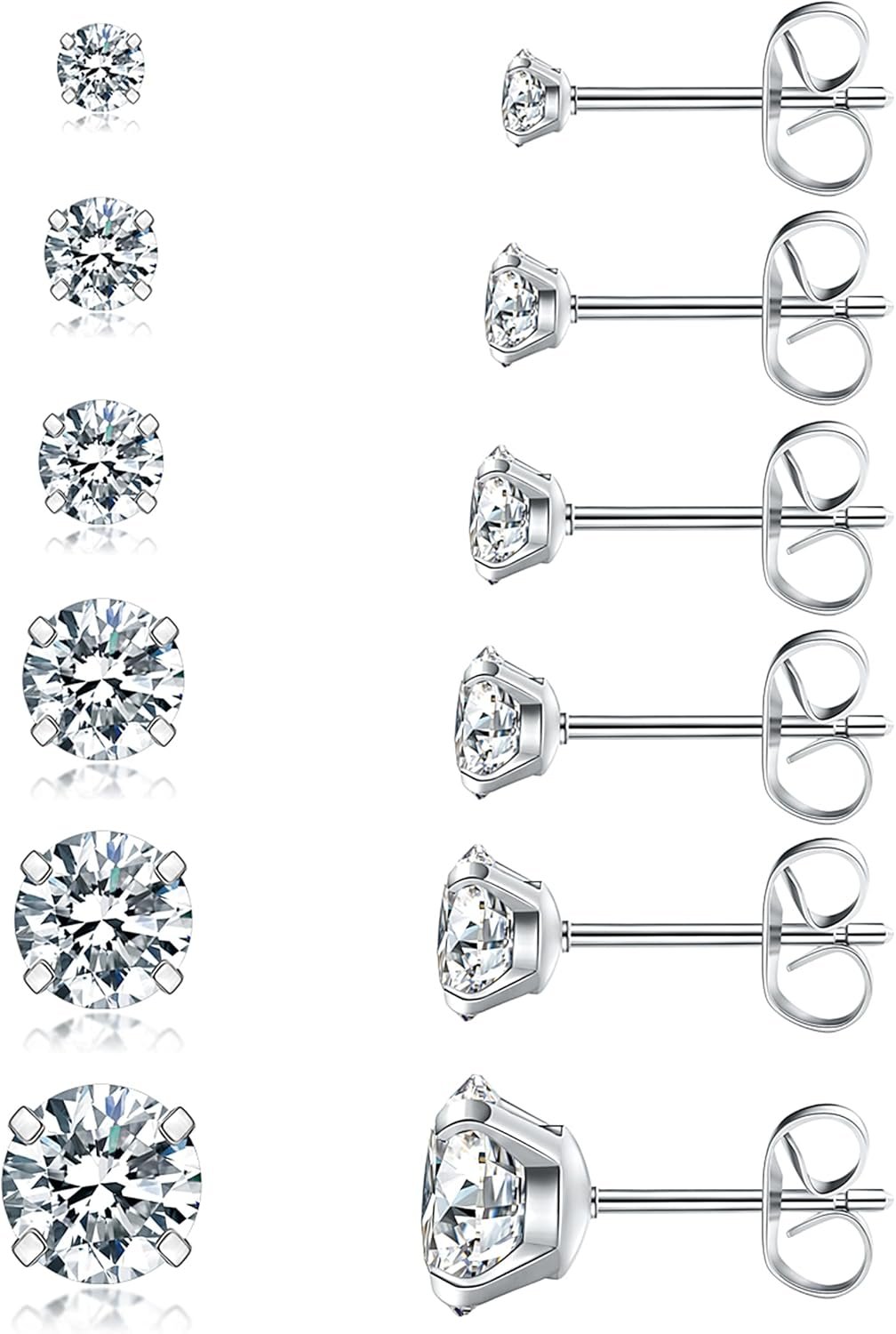 6 Pairs Stud Earrings Set, Hypoallergenic Cubic Zirconia 316L Earrings Stainless Steel CZ Earrings 3-8mm (Steel color)
