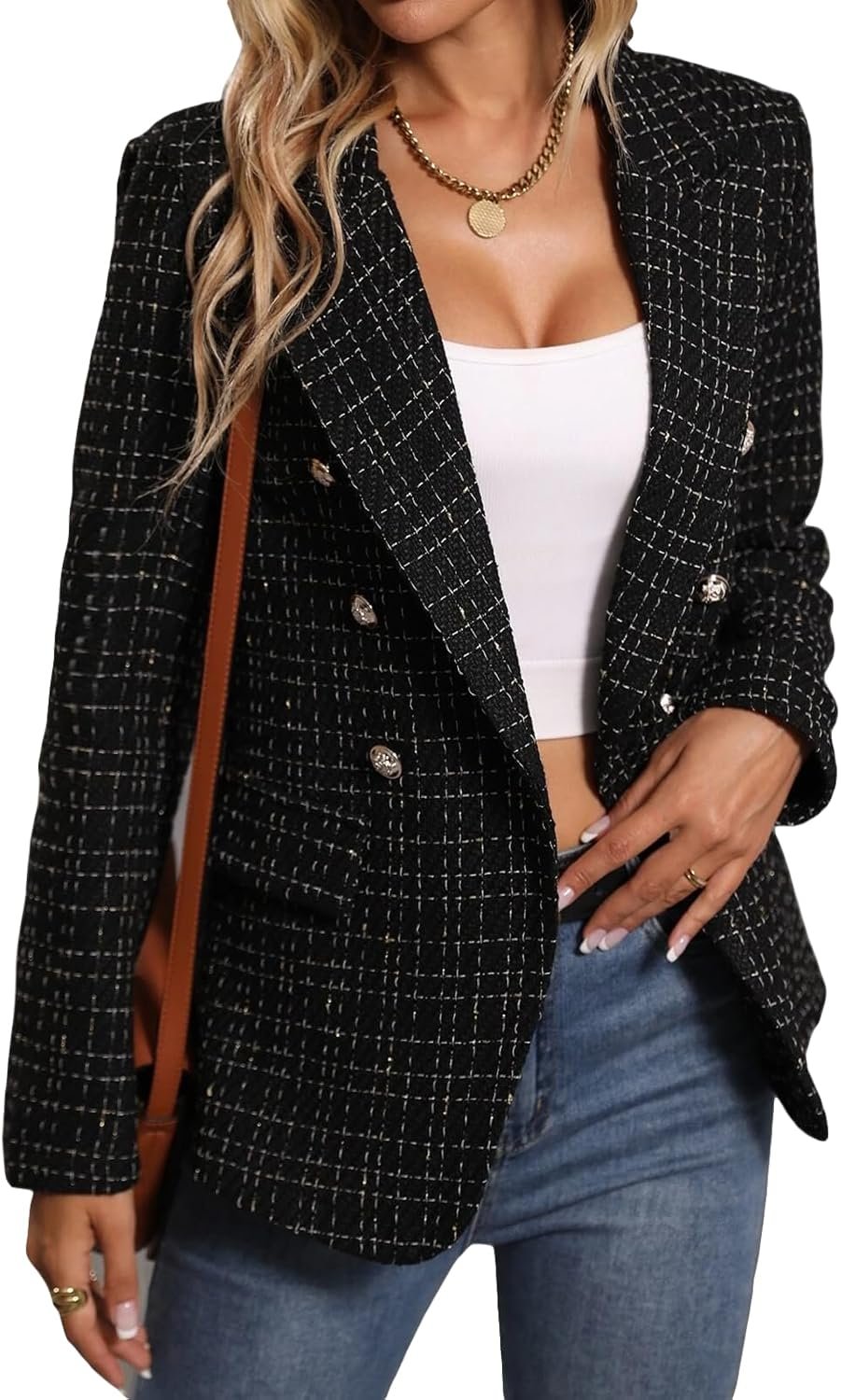 Mina Self 2025 Winter Women’s Tweed Plaid Blazer Jacket – Warm Fully Lined Fashion Business Casual Elegant Coat with Pockets