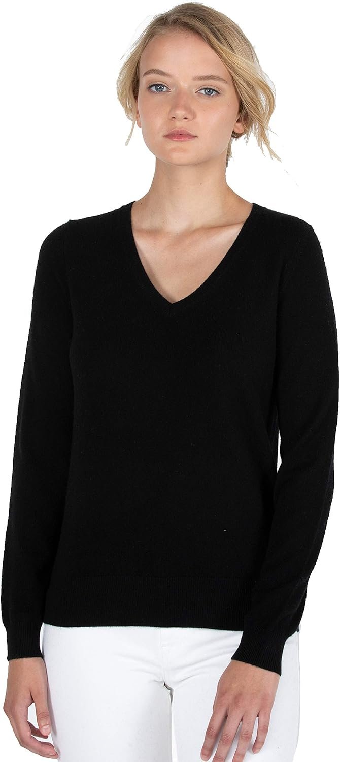 JENNIE LIU Women’s 100% Pure Cashmere Long Sleeve Pullover V Neck Sweater