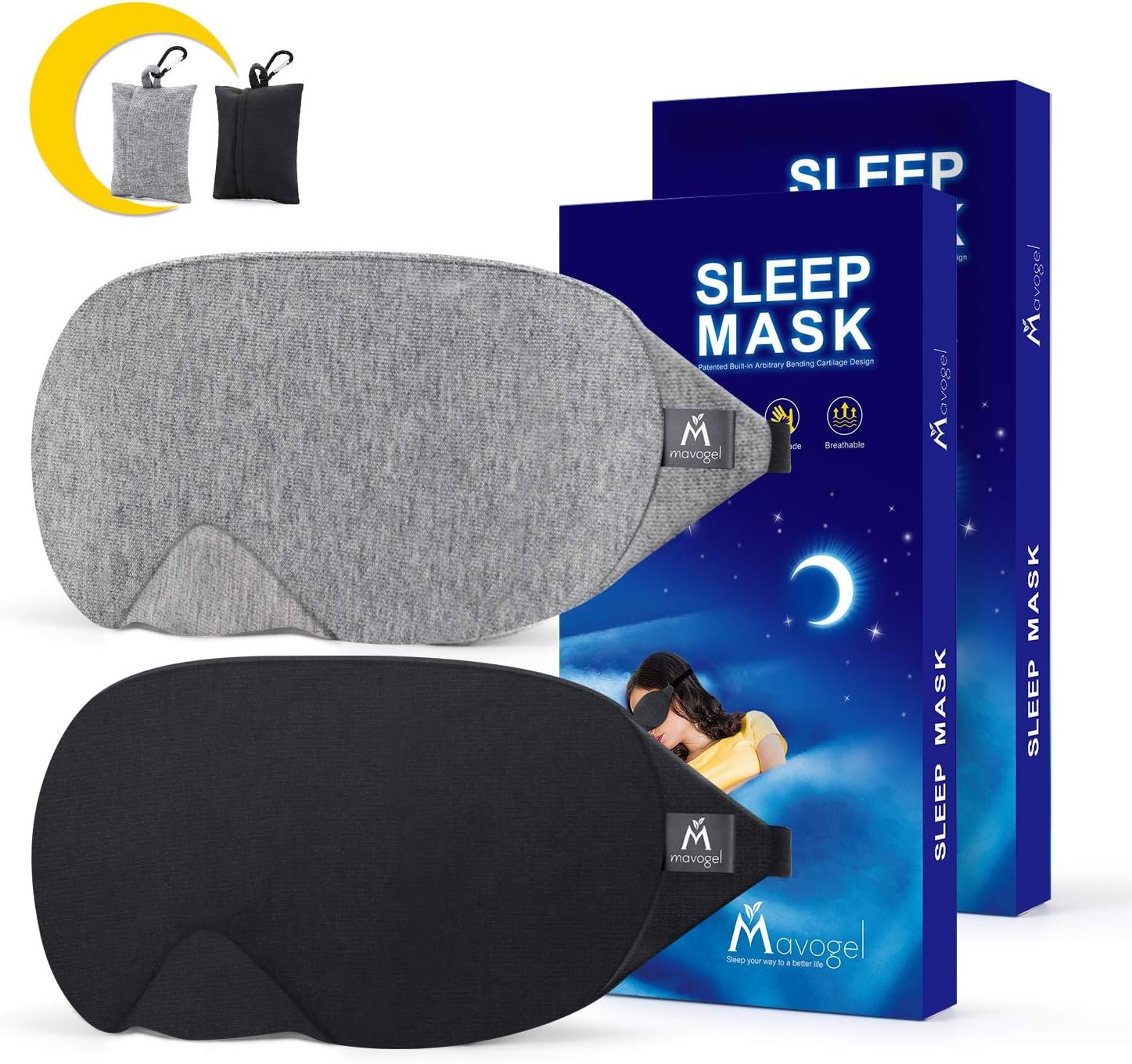 Mavogel Cotton Sleep Mask – Updated Design Light Blocking Sleep Mask, Soft and Comfortable Eye Blindfold for Men Women, Eye Mask for Sleeping/Shift Work, Includes Travel Pouch, Grey & Black
