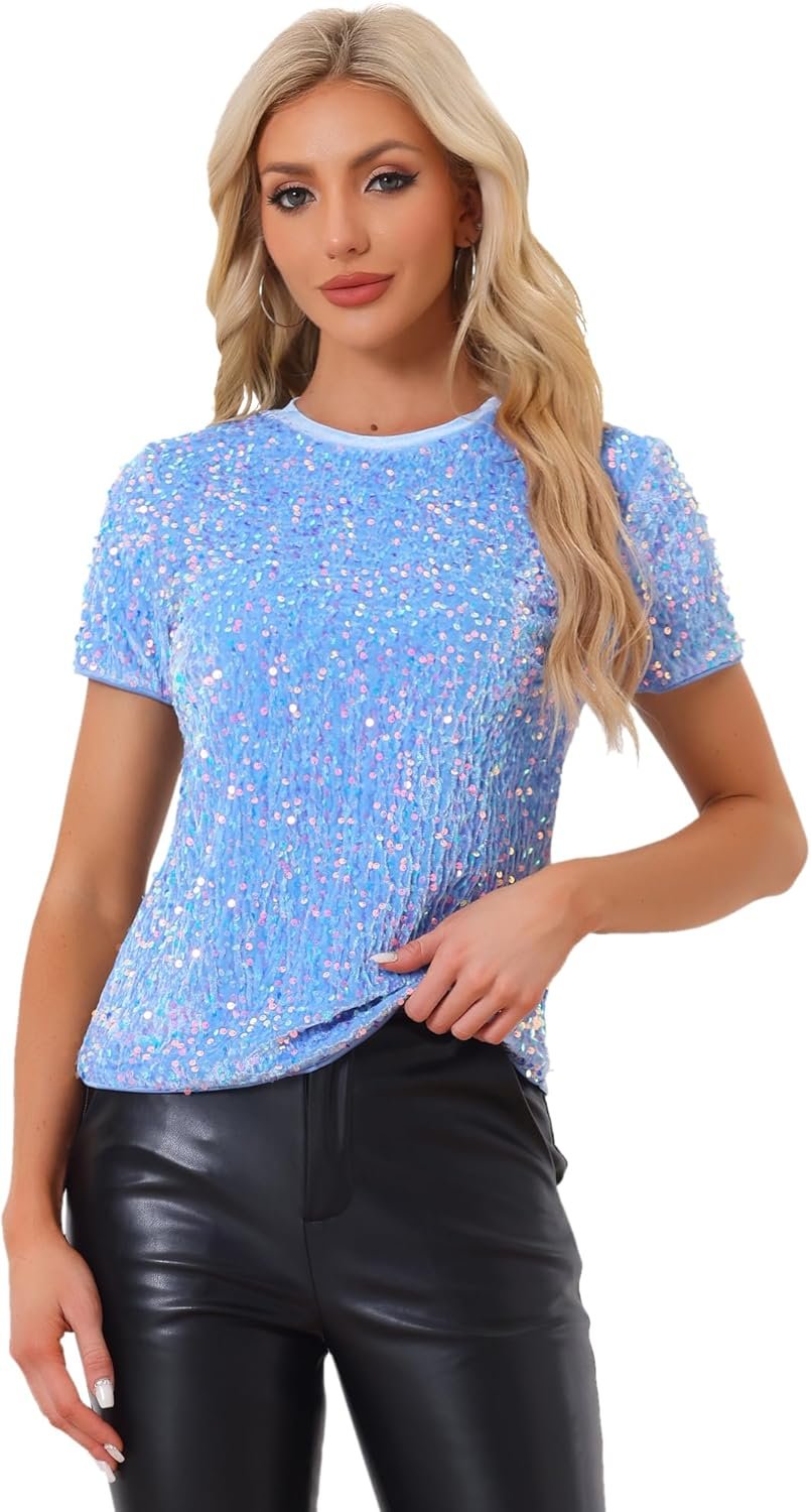 Allegra K Sequin Top for Women’s Velvet Crew Neck Short Sleeve Party Clubwear Blouse