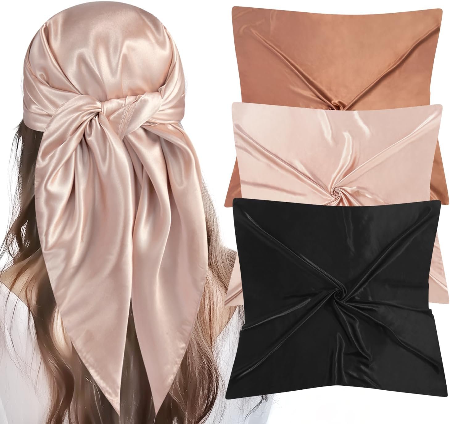 35” Large Square Satin Head Scarf – 3Pcs Silk Like Head Scarves Silk Bandana Satin Hair Scarf Head Wraps For Women