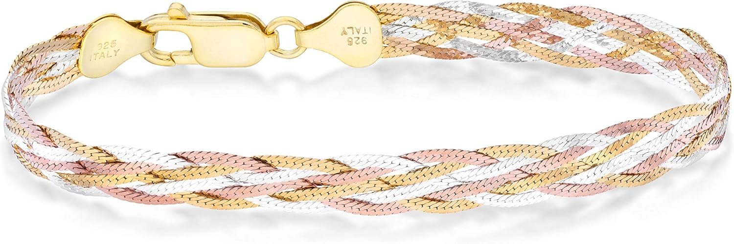 Miabella Italian 925 Sterling Silver, Tri-Color 18K Gold Plated 6-Strand Diamond-Cut 7mm Braided Herringbone Chain Bracelet for Women, Made in Italy