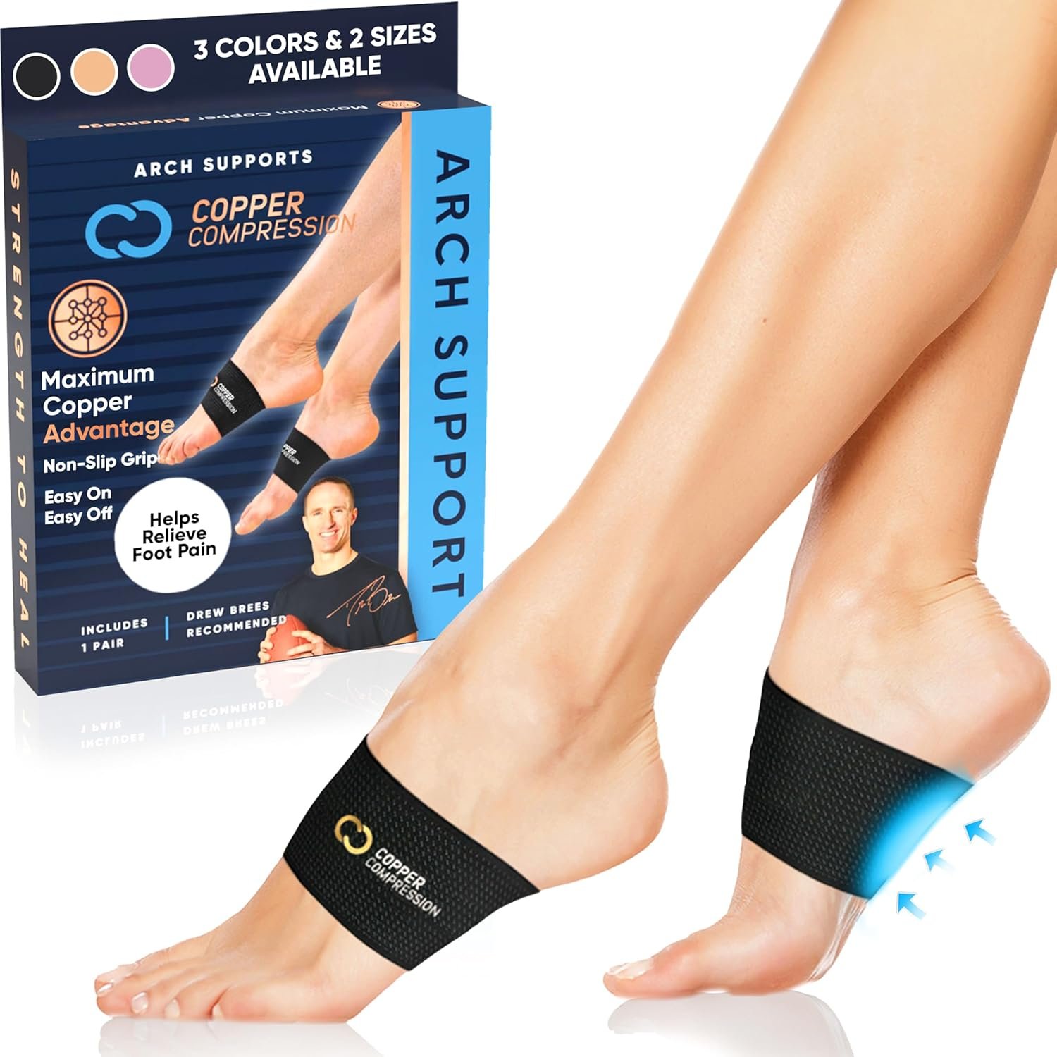 Copper Compression Arch Support – 2 Pain Relief Foot Care Brace Sleeves for Plantar Fasciitis, Heel Spurs – Wide & Narrow Feet – Flat Feet & Fallen Arches, High Arch – One Size – 1 Pair Black