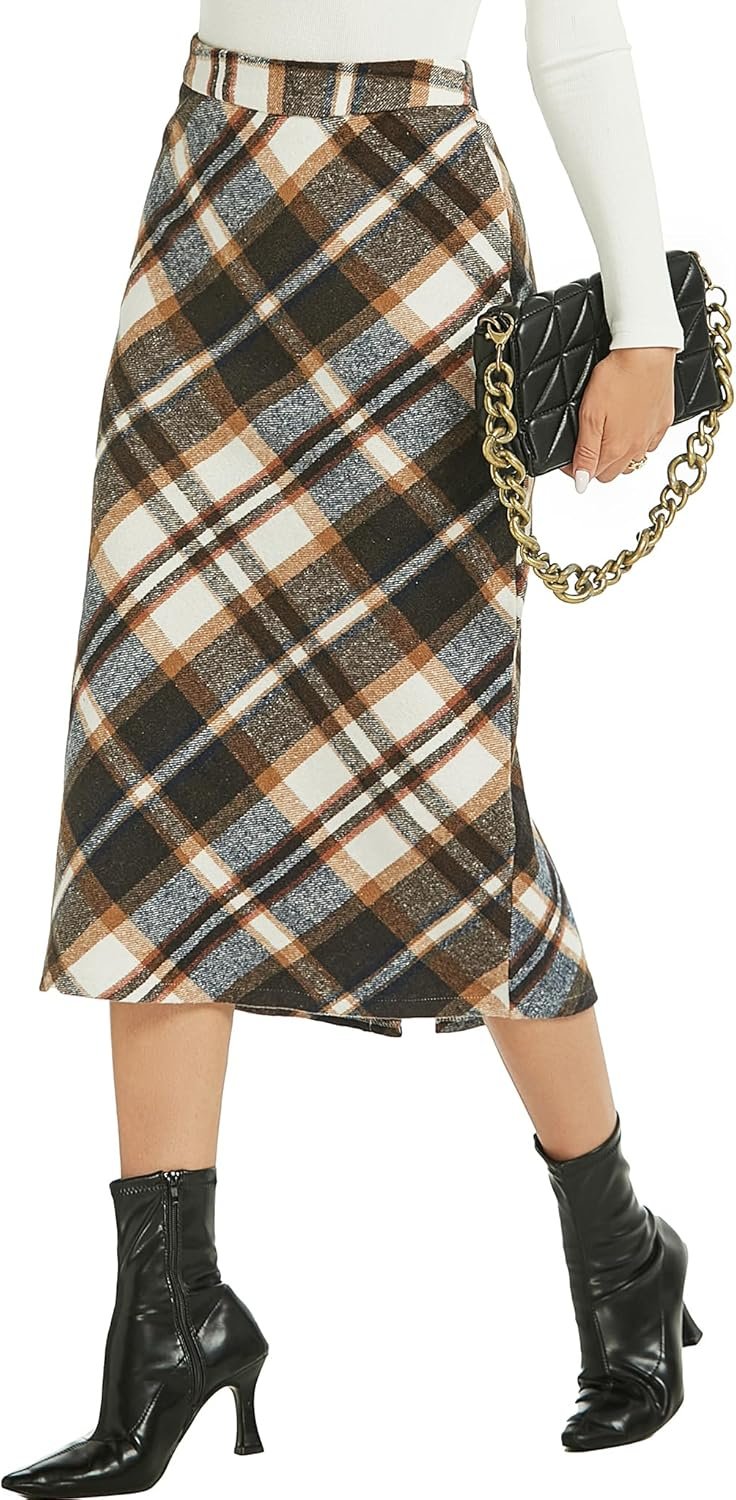 Womens Flannel Plaid Straight Vintage A Line Midi Length Long Pencil Skirt