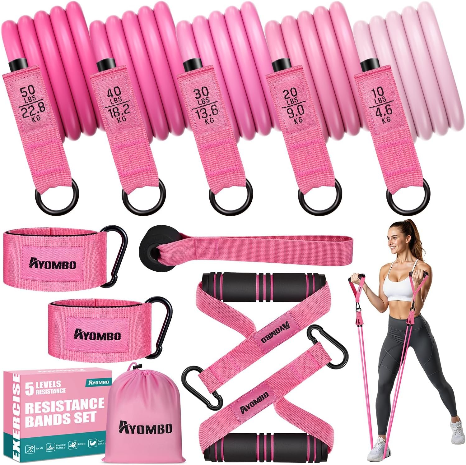 Resistance Bands, Exercise Bands with Handles for Working Out, Fitness Bands for Women, Workout Equipment Home Gym, Training Bands with Door Anchor, Ankle Straps, Shape Body, Physical Therapy