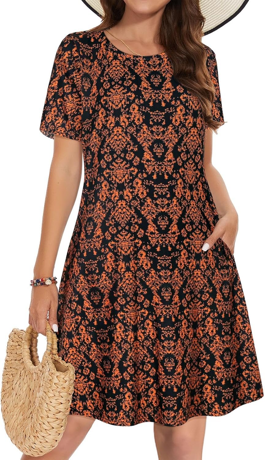 Summer Dresses for Women Casual Tshirt Short Sleeve Floral Sundress Beach Cover Ups with Pockets