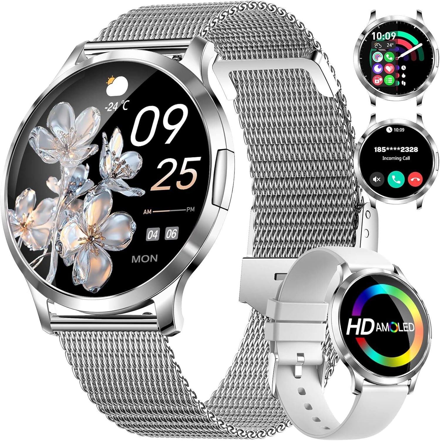 SUNKTA Smart Watch for Women, 1.32″ AMOLED Smart Watches, 100+ Sports Mode Fitness Tracker Watch, 5ATM Womens Waterproof Watches with Bluetooth Calling/IP68/Sleep, Smartwatch for Android iOS, Sliver