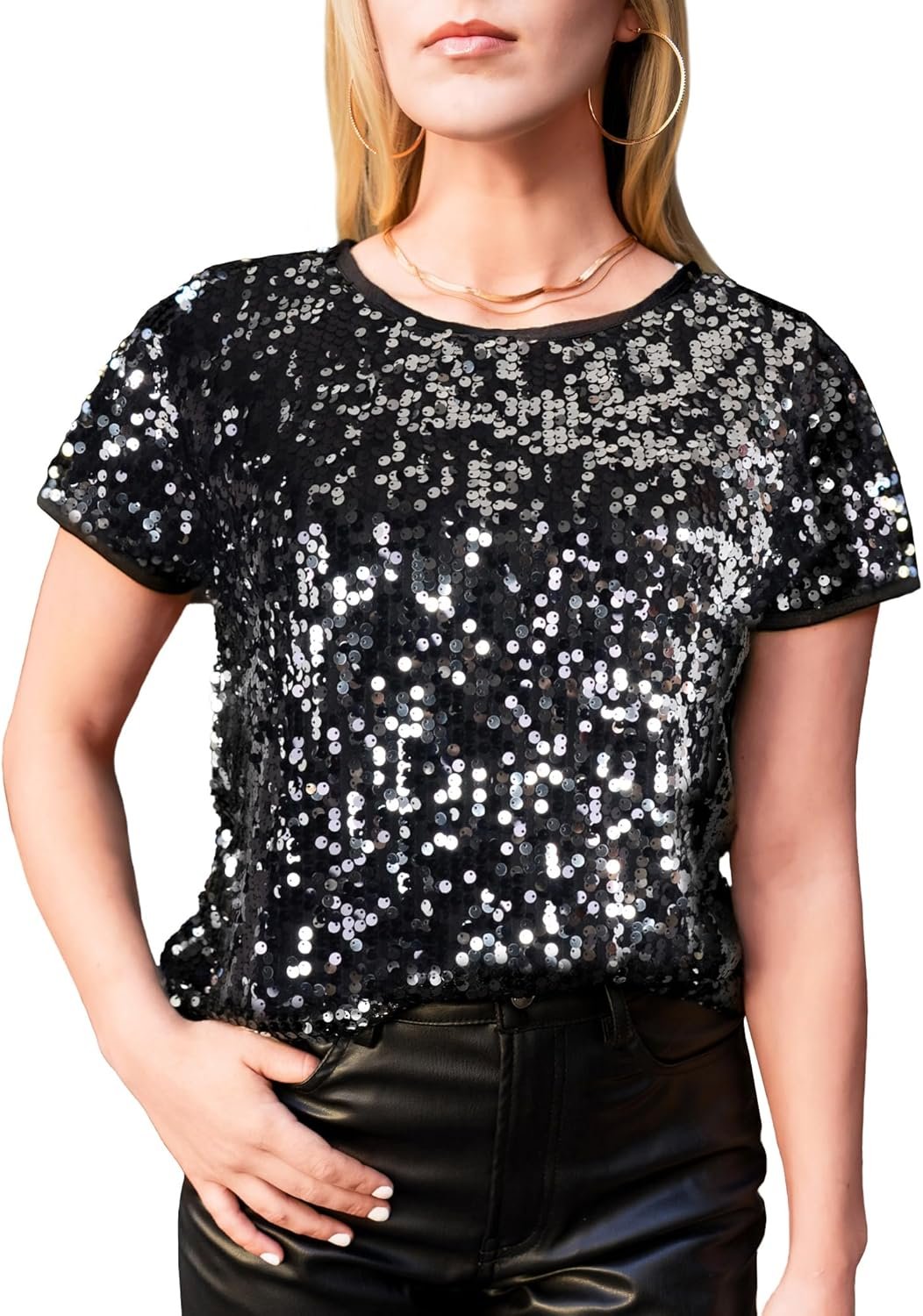 Anna-Kaci Women’s Sparkly Sequin Top Short Sleeve Glitter Concert Party Disco Shirt Blouse