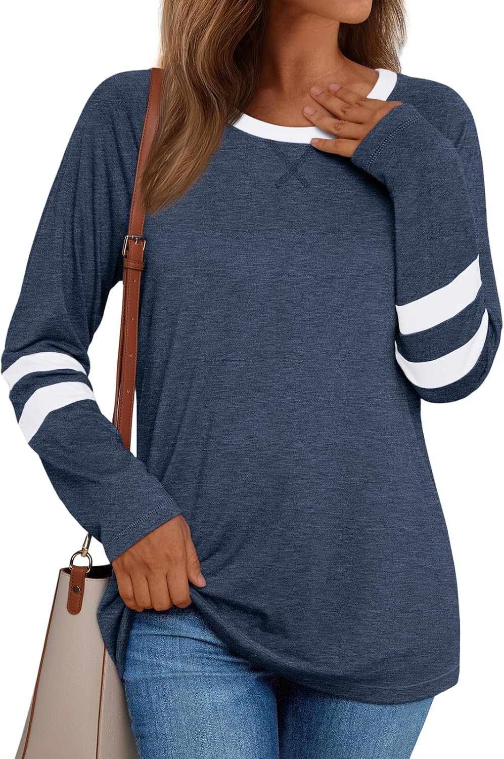 AUTOMET Womens Long Sleeve Shirts Color Block Casual Crewneck Tops Tshirt Basic Tee Fall Fashion Winter Clothing Outfits