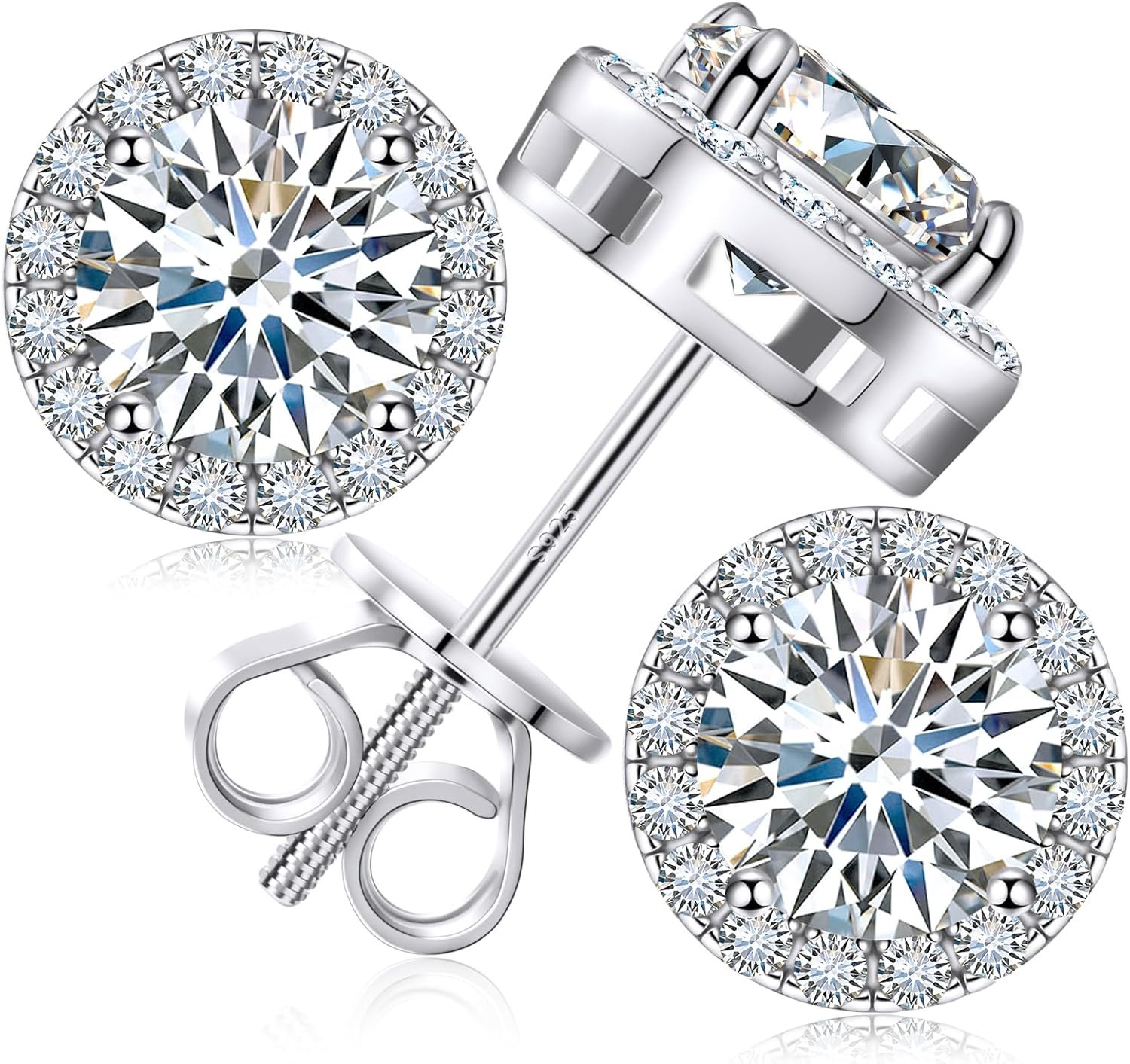 Moissanite Halo Earrings Stud Screw Back 0.2-8.0ct 3-10mm 18K White Gold Plated 925 Sterling Silver Lab Round Cut Brilliant Moissanite Halo Earrings for Women Men