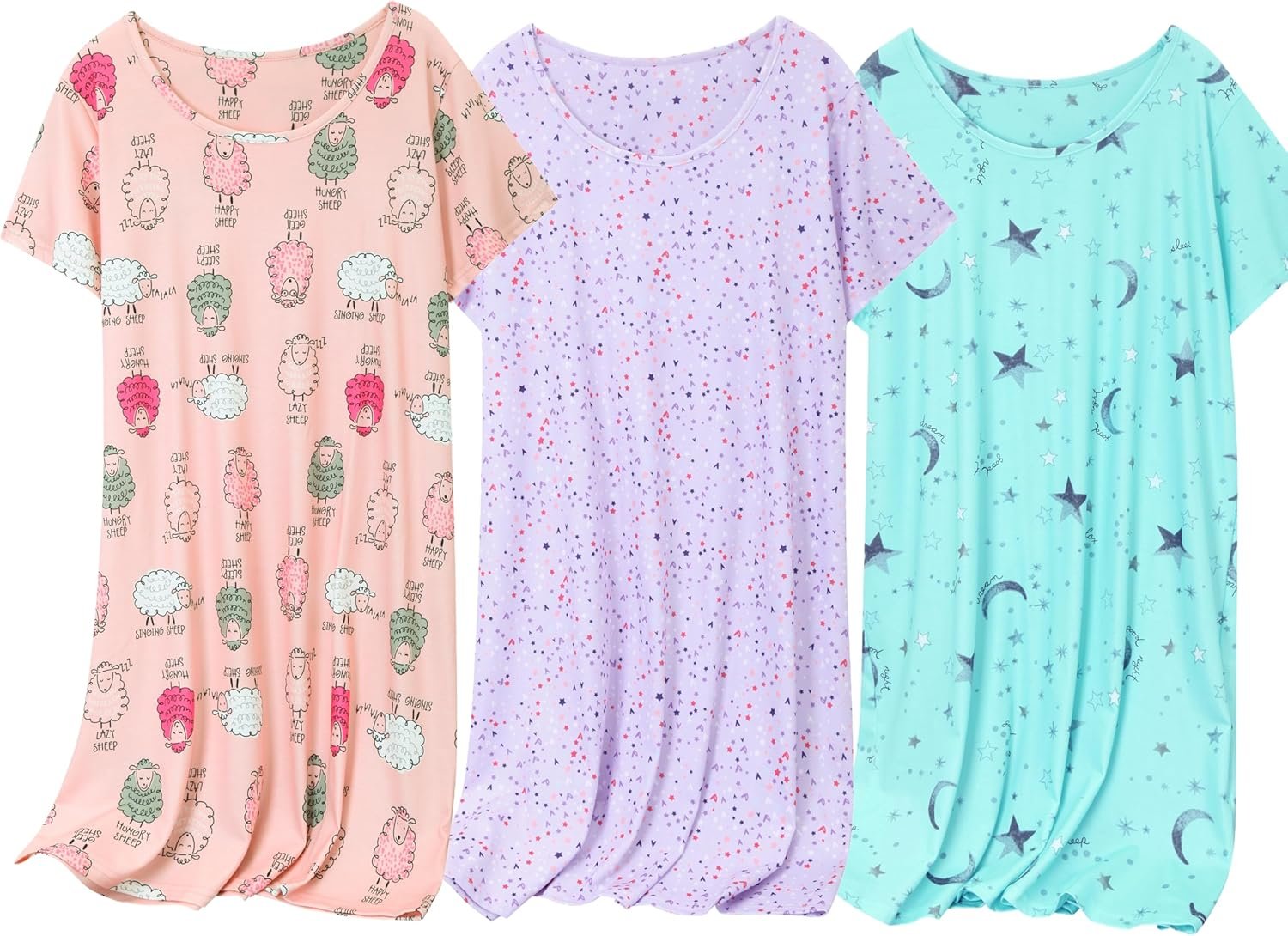 3 Pack Women’s Cotton Nightgown Sleepwear Short Sleeve Sleepshirt Casual Print Sleepdress Cotton Sleepwear，S-3XL