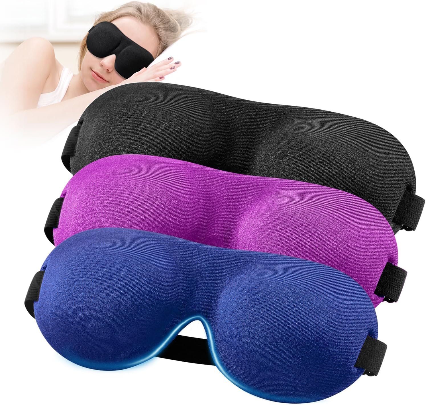YIVIEW Sleep Mask for Back and Side Sleeper Pack of 3, 100% Light Blocking 3D Eye Masks for Sleeping, Lightweight & Breathable Eye Cover for Women Men, Zero Pressure Night Blindfold