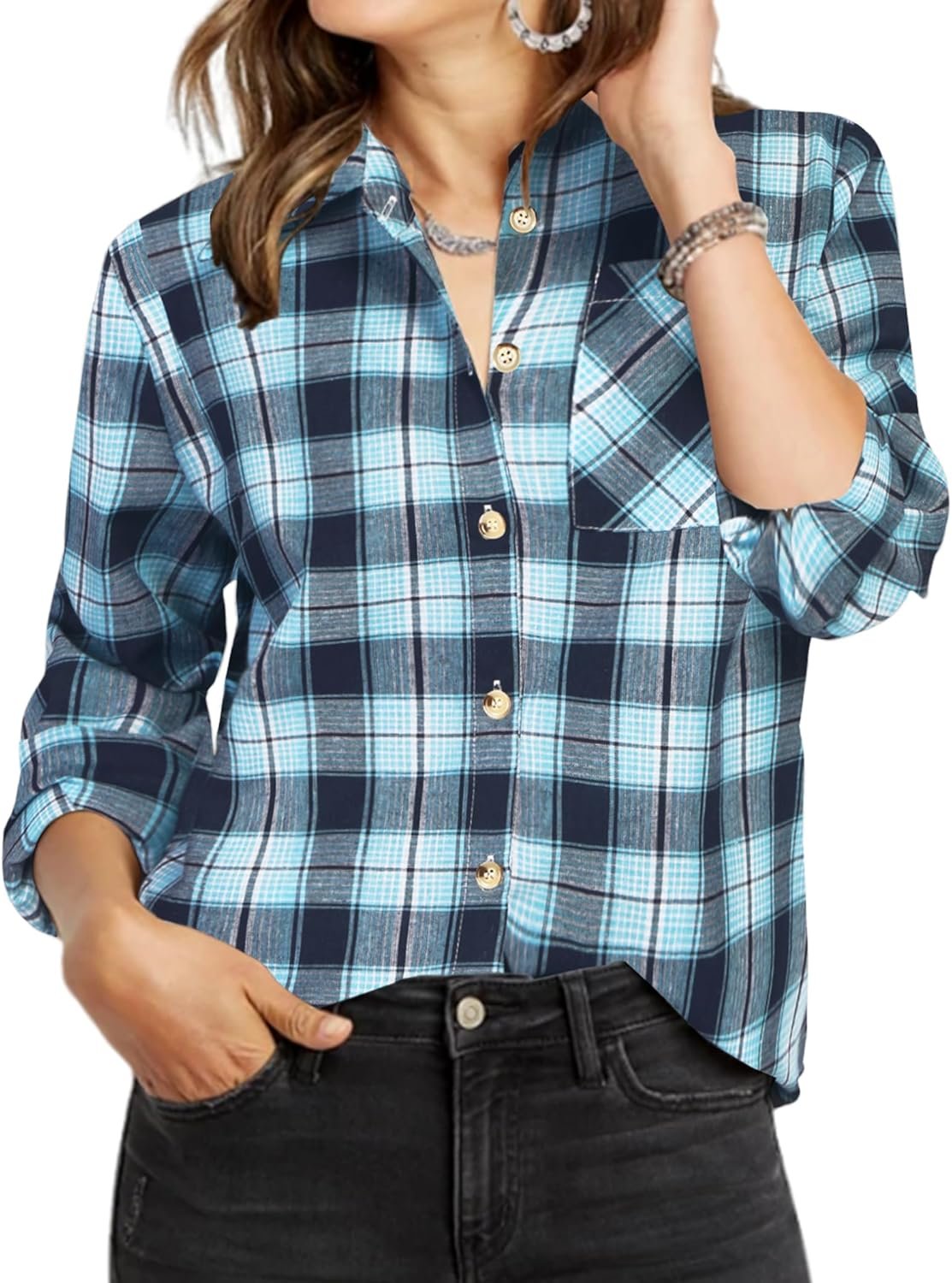Zeagoo Womens Plaid Shirts Cotton Classic Long Sleeve Button Down Collared Casual Tops Lightweight Fall Blouses