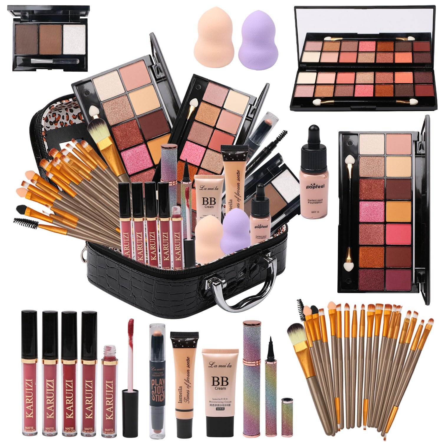 All in One Makeup Kit for Makeup storage bag 2X14 Colors Eyeshadow Palette Liquid Foundation Eyeliner Pencils Contouring Stick Lip Gloss 20Pcs Make up Brushes For Women Girls Teens (Black)