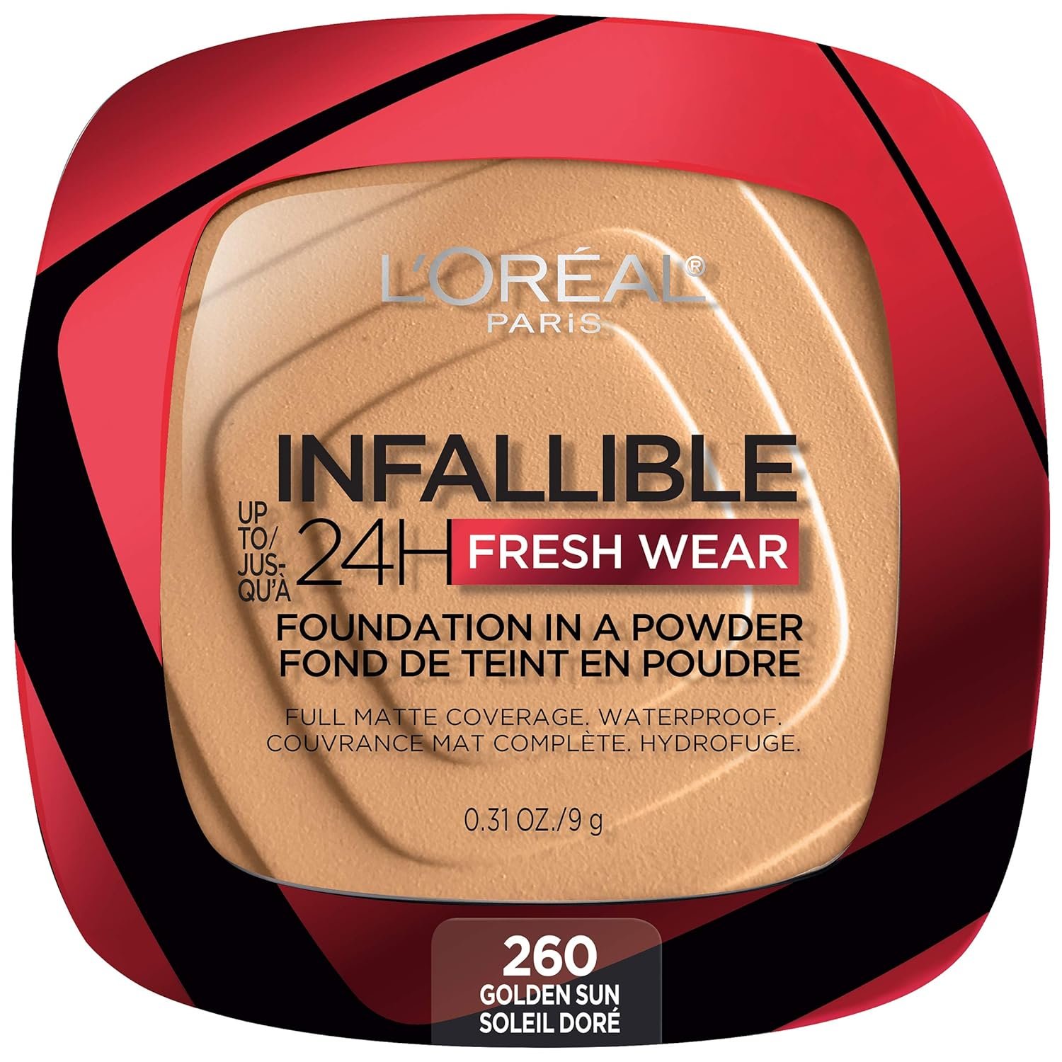 L’Oreal Paris Makeup Infallible Fresh Wear Foundation in a Powder, Up to 24H Wear, Waterproof, Golden Sun, 0.31 oz.