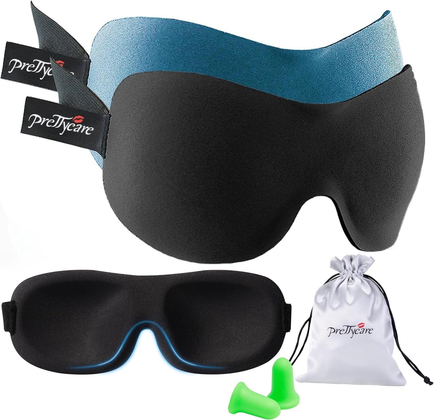 PrettyCare 3D Sleep Mask 2 Pack,Eye Mask for Side Sleeper 3D Contoured Sleeping Mask Blackout Out for Men- Blindfold Airplane with Ear Plugs, Night Masks with Travel Bag (Black&Blue)