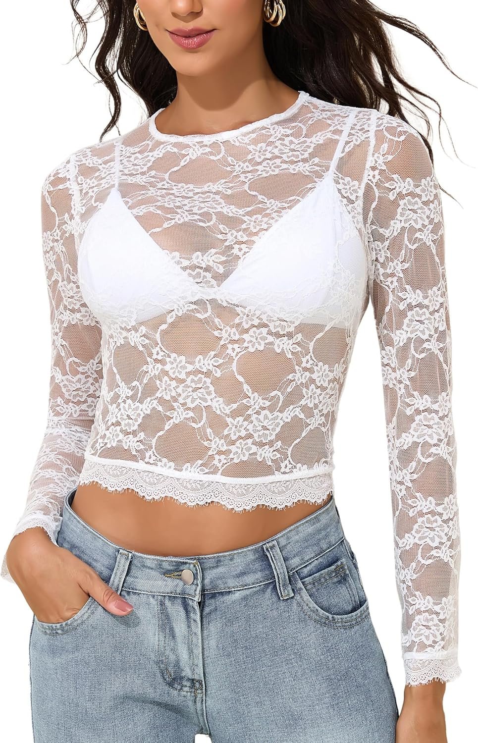 YYA Womens Mesh Tops Lace Long Sleeve Shirts Crewneck Slim Fitted Outfits See Through Blouses S-XXL