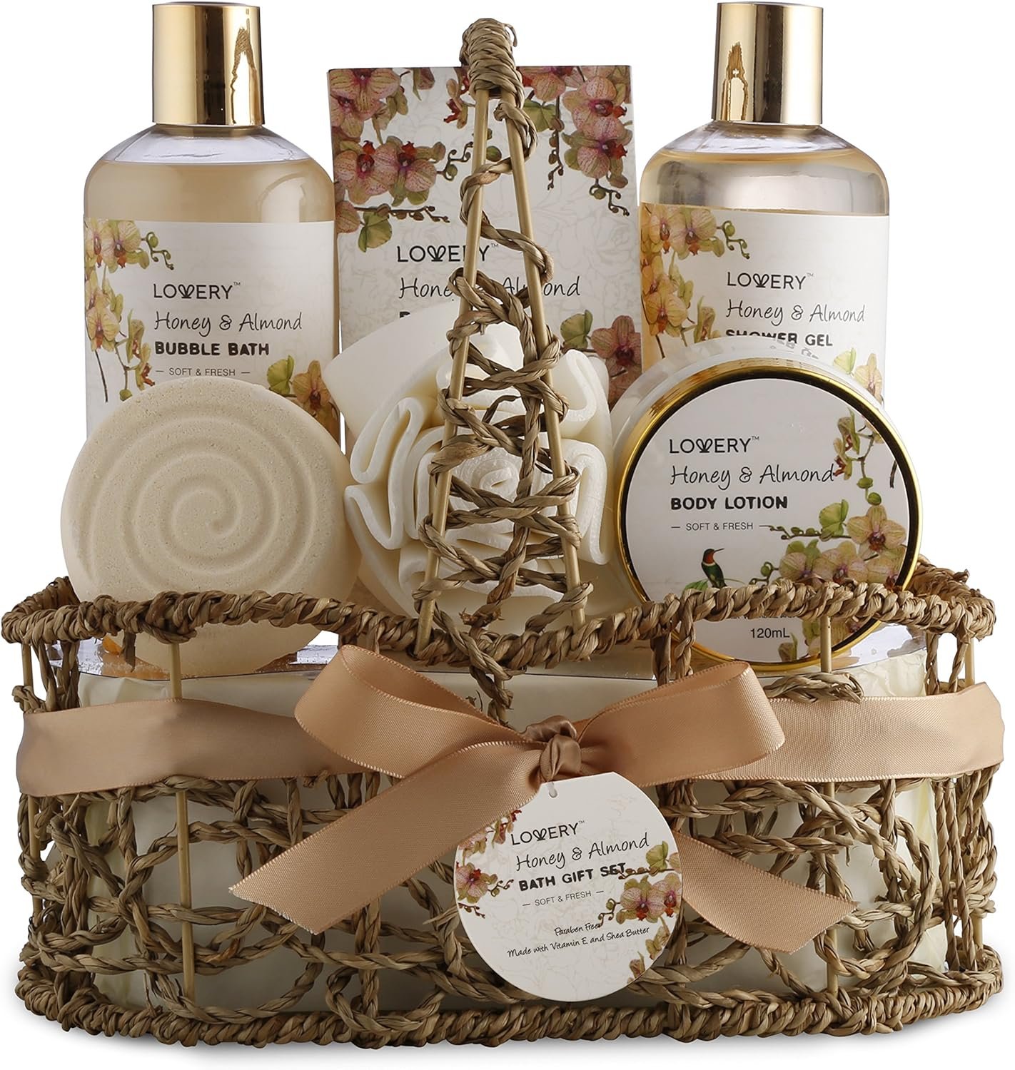 Christmas Gift Baskets for Women Gifts for Women Who Have Everything, Home Spa Honey & Almond Scent, Luxury Bath & Body Set – Shower Gel, Bubble Bath, Body Lotion, Salts, Bath Bomb, Bath Puff.