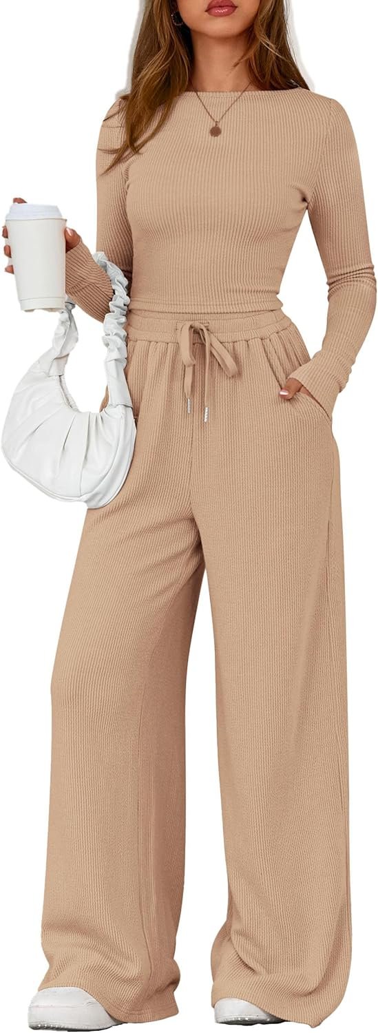 PRETTYGARDEN Matching Sets Women Clothing 2026 Fall Fashion Travel 2 Piece Lounge Sets Long Sleeve Crop Top Wide Leg Pants