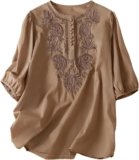 Women’s Cotton Linen Button Short Sleeve Shirts Summer Loose Crew Neck Casual Boho Top Vintage Embroidered Blouse Tops
