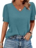 OFEEFAN Womens Tops Short Sleeve Shirts Buttons V Neck Spring Fashion Summer Outfits Plus Size Blouses Dressy Casual